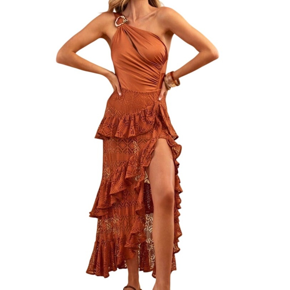 PatBO x FP Beach Dress Brown Crochet One Shoulder Maxi S $770 Boho Resort